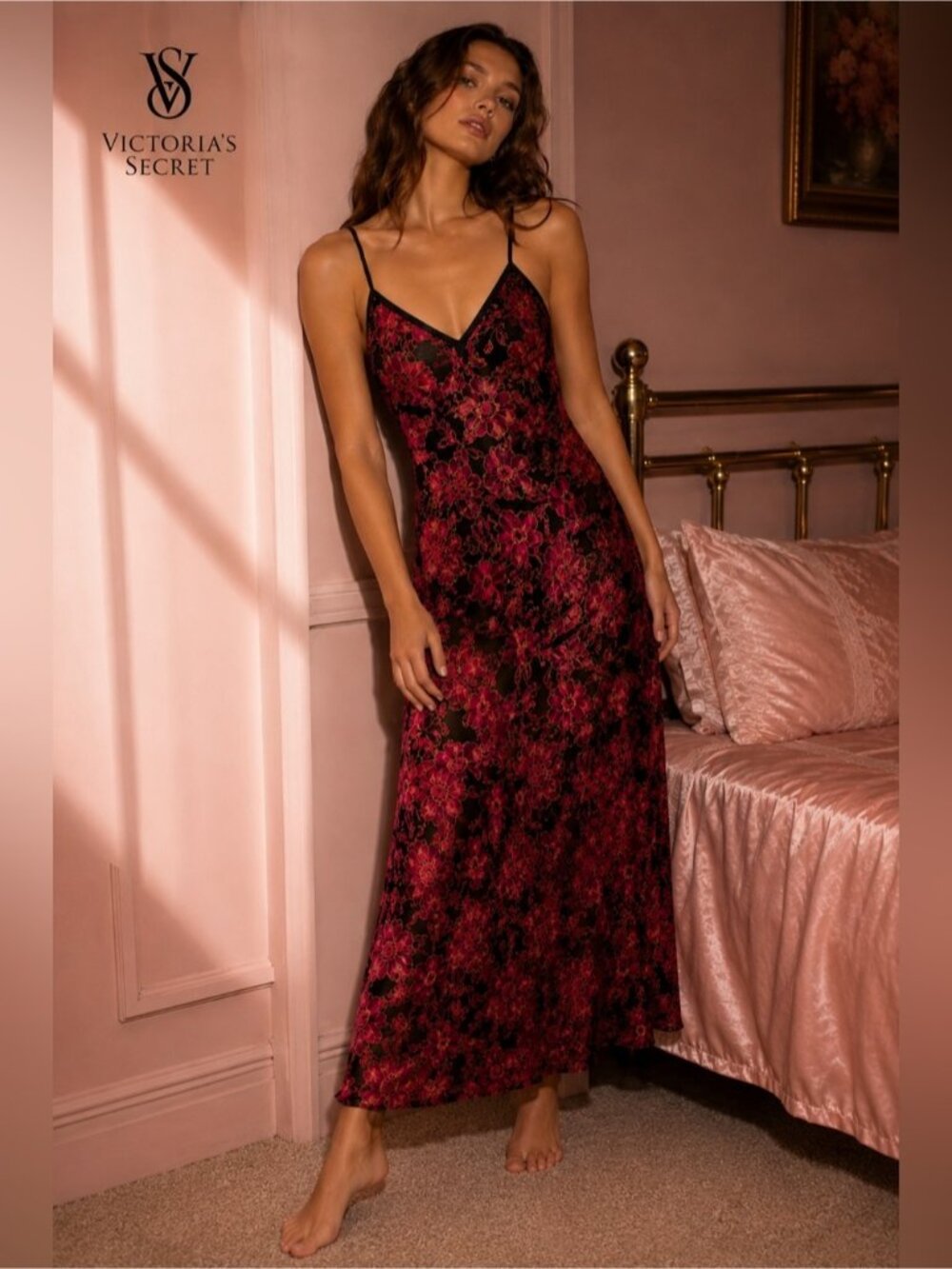 Victoria's Secret Red and Black Floral Midi Slip Dress
